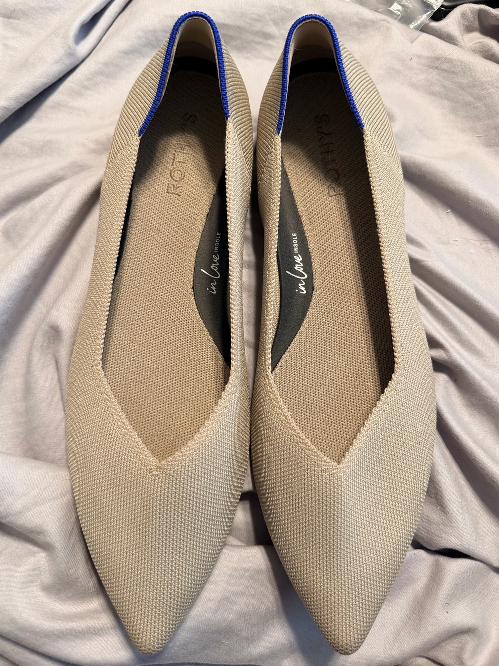 Rothy's Pointed Knit Flats in Beige with Blue Trim